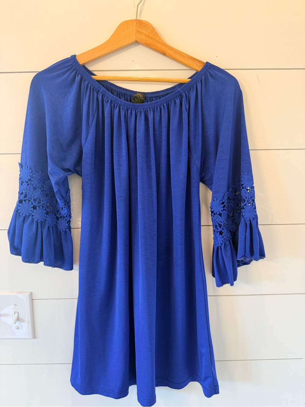 WinWin Royal Blue Off-Shoulder Tunic with Crochet Bell Sleeves